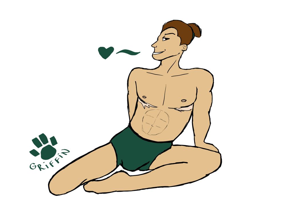 digital art of illario dellamorte, light skin, brown hair in a ponytail, wearing just green boxers, has top surgery scars