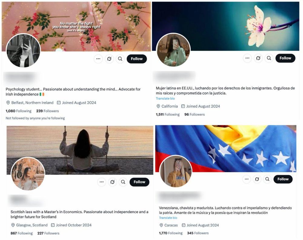 Profils de quatre des comptes qui ont publié des commentaires générés par cette activité. Notez le nombre de followers et de personnes qui les suivent // Source : rapport OpenAI.