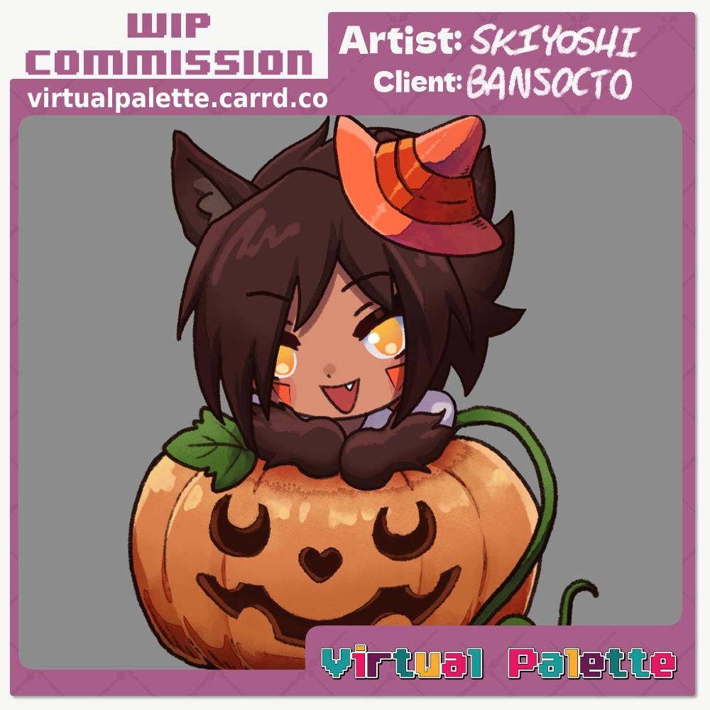 Work in progress y c h chibi art commission of Bansocto's character. Artist is Skiyoshi, group is Virtual palette. The character is laying on a pumpkin, has yellow gold eyes, and brown fur with ears