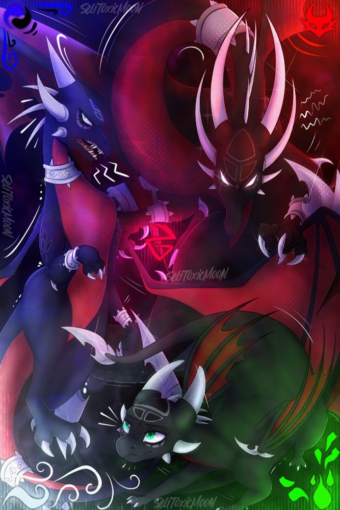 Cynder from The Legend of Spyro: A New Beginning, The Eternal Night and Dawn of the Dragon.
Her elements on each corner: Shadow, Fear, Wind and Poison.
In the center there's fury or aether element.