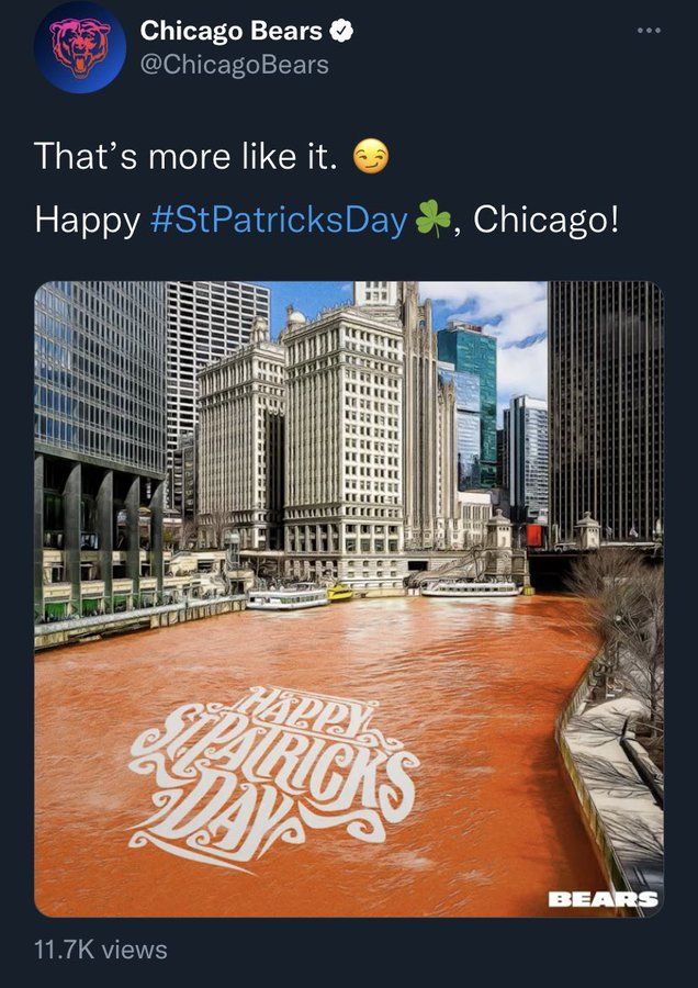 The Chicago Bears social media account showing the Chicago River dyed orange for St. Patrick's Day.