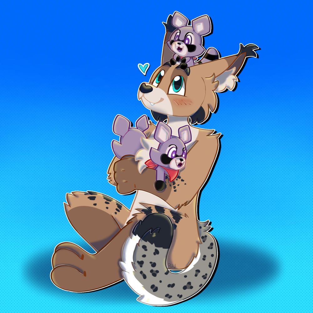 a bobcat/snow leopard sitting down and hugging 3 purple raccoon plushies
