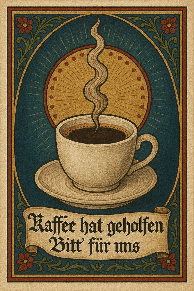 KI-generiertes Bild einer dampfenden Kaffeetasse im Stil eines alten Votivbildchens. Darunter in Frakturschrift der Text: "Kaffee hat geholfen. Bitt' für uns"