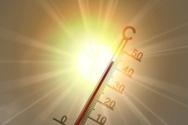 Ein Thermometer zeigt über 40 Grad Celsius. Im Hintergrund gleißende Sonne.