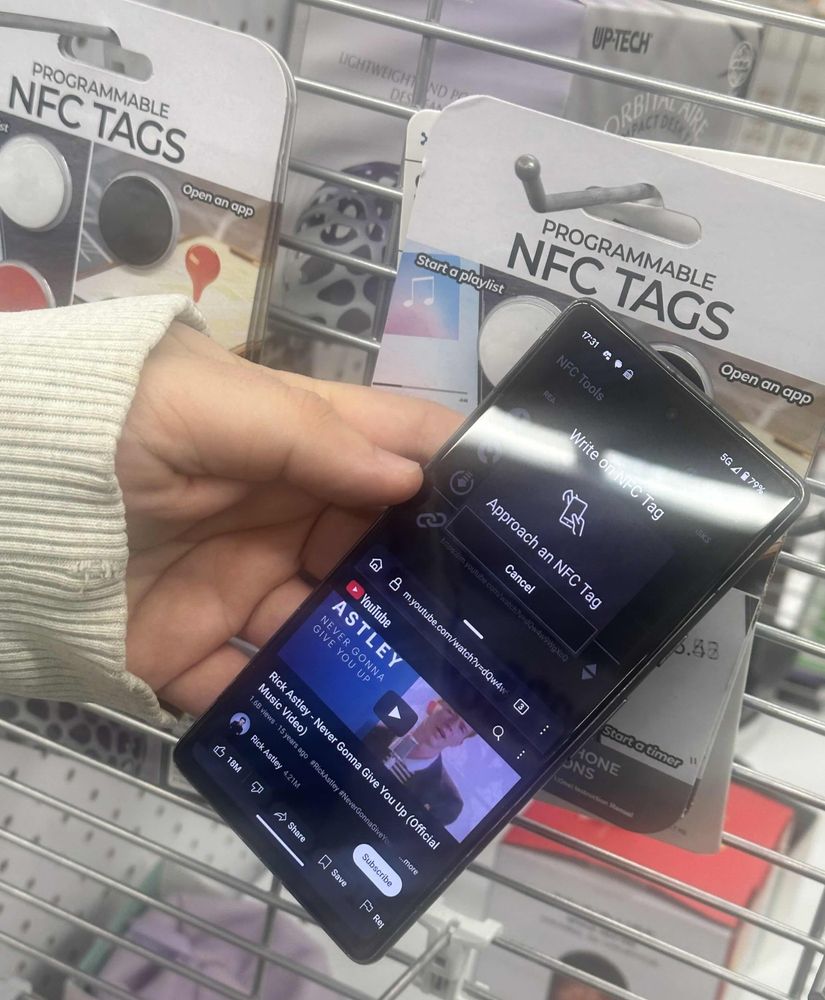 Programming writable NFC tags in store with Never Gonna Give You Up