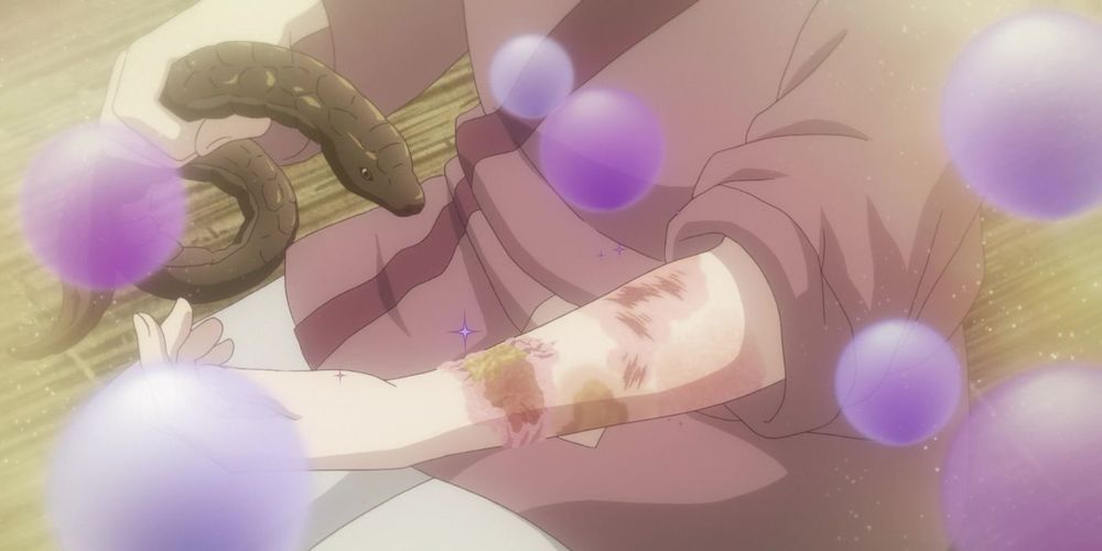 A screen cap from the Apothecary diaries where Maomao, the protagonist, is holding a snake and is about to experiment with it by having it bite her arm. Said arm is already covered in various wounds from other experiments with various medicines she creates.