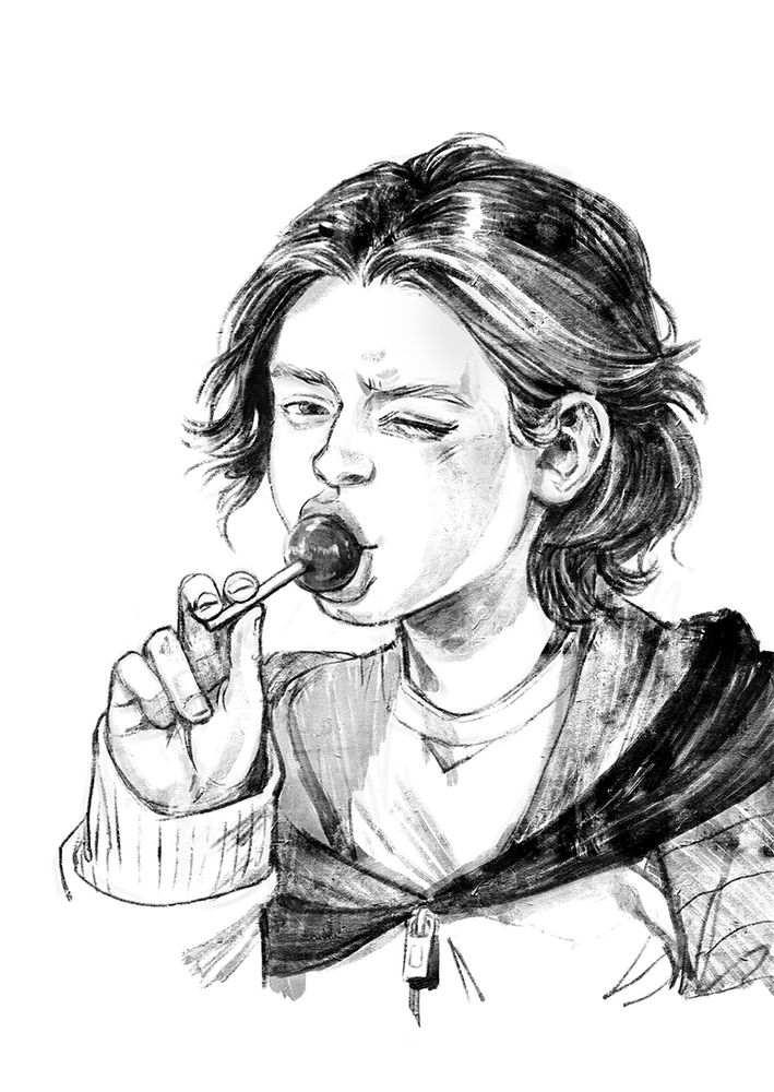 Kid Bucky with a lollipop.