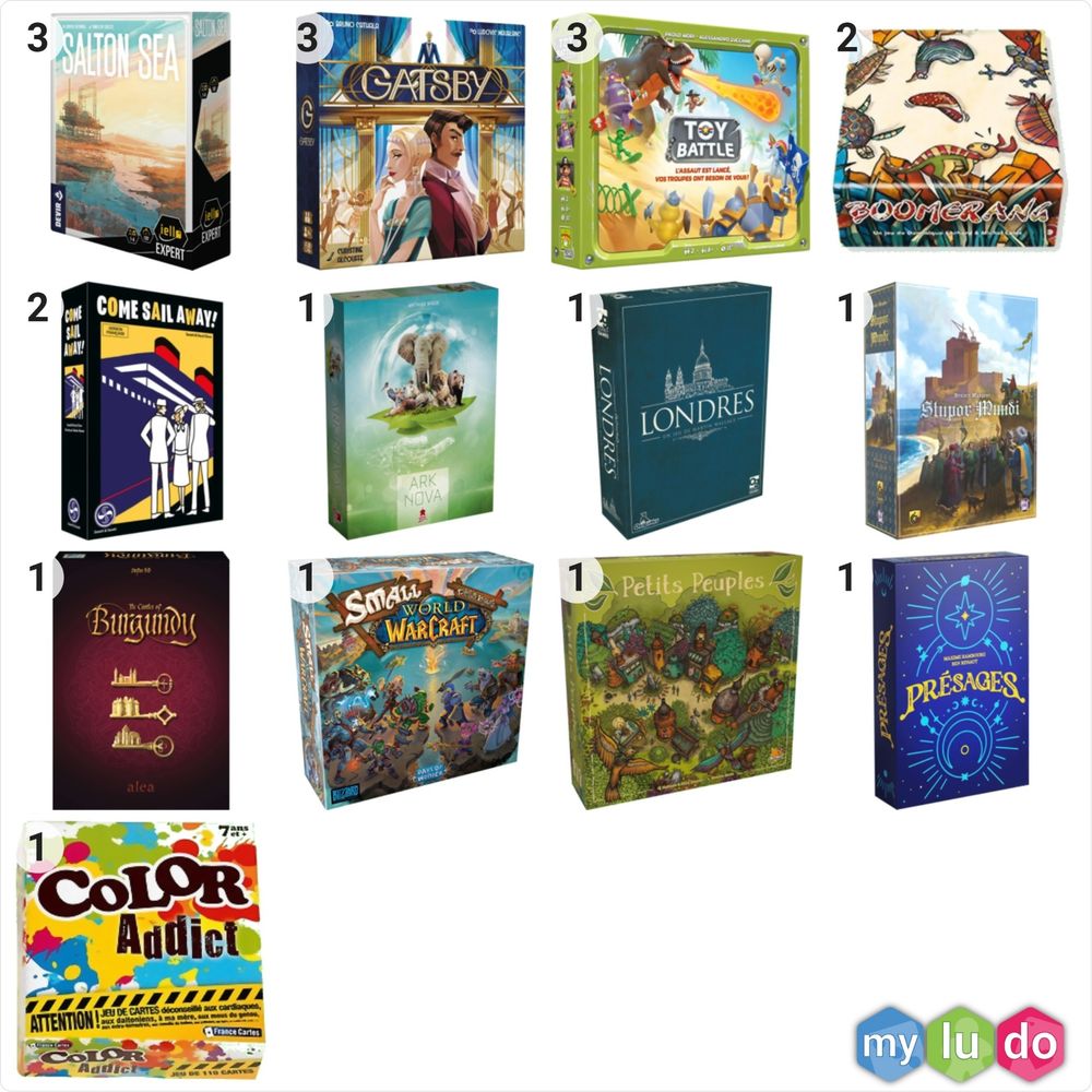Capture des parties physiques enregistrées sur l'appli my ludo (Salton sea, Gatsby, Toy battle, boomerang, Come sail away, Ark nova,Londres, Stupor Mundi, Les châteaux de Bourgogne, Présages...