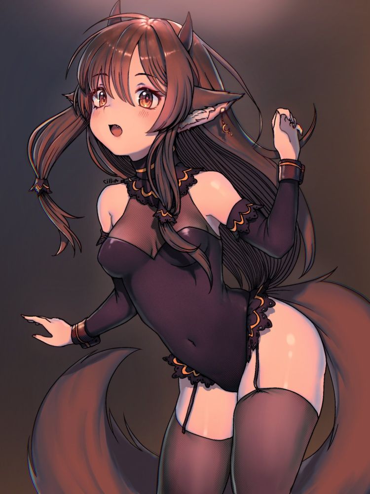 drawing of cute girl with horns and fluffy tail, wearing a bunny suit with orange trim and frills