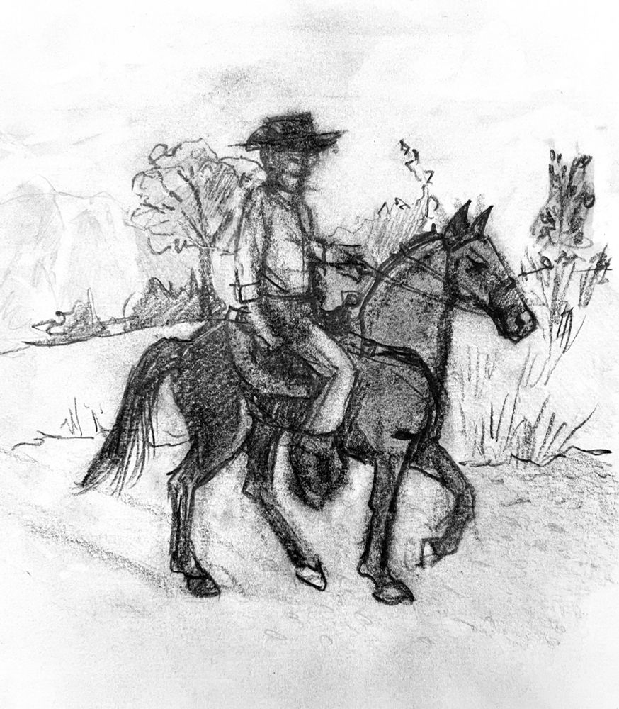 Charcoal and graphite drawing of a cowboy inn a black horse.