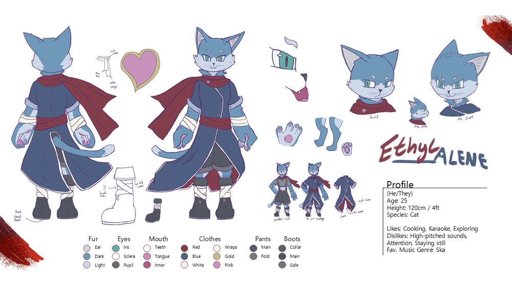 Reference sheet for the anthropomorphic cat, Ethyl Alene.