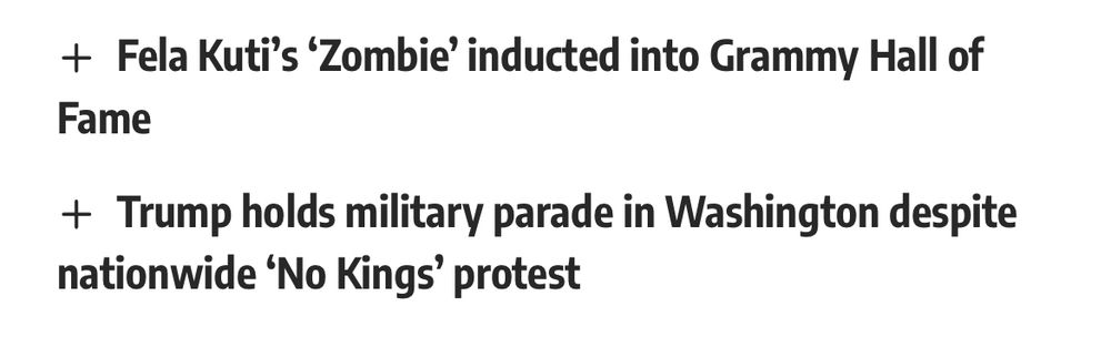  Fela Kuti’s ‘Zombie’ inducted into Grammy Hall of Fame

 Trump holds military parade in Washington despite nationwide ‘No Kings’ protest