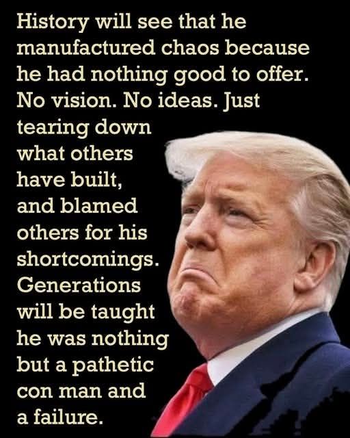 History will see that he manufactured chaos because he had nothing good to offer. No vision. No ideas. Just tearing down what others have built, and blamed others for his shortcomings. Generations will be taught he was nothing but a pathetic con man and a failure.