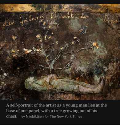 Painting by Anselm Kiefer "A self-portrait of the artist as a young man lies at the base of one panel, with a tree growing out of his chest."