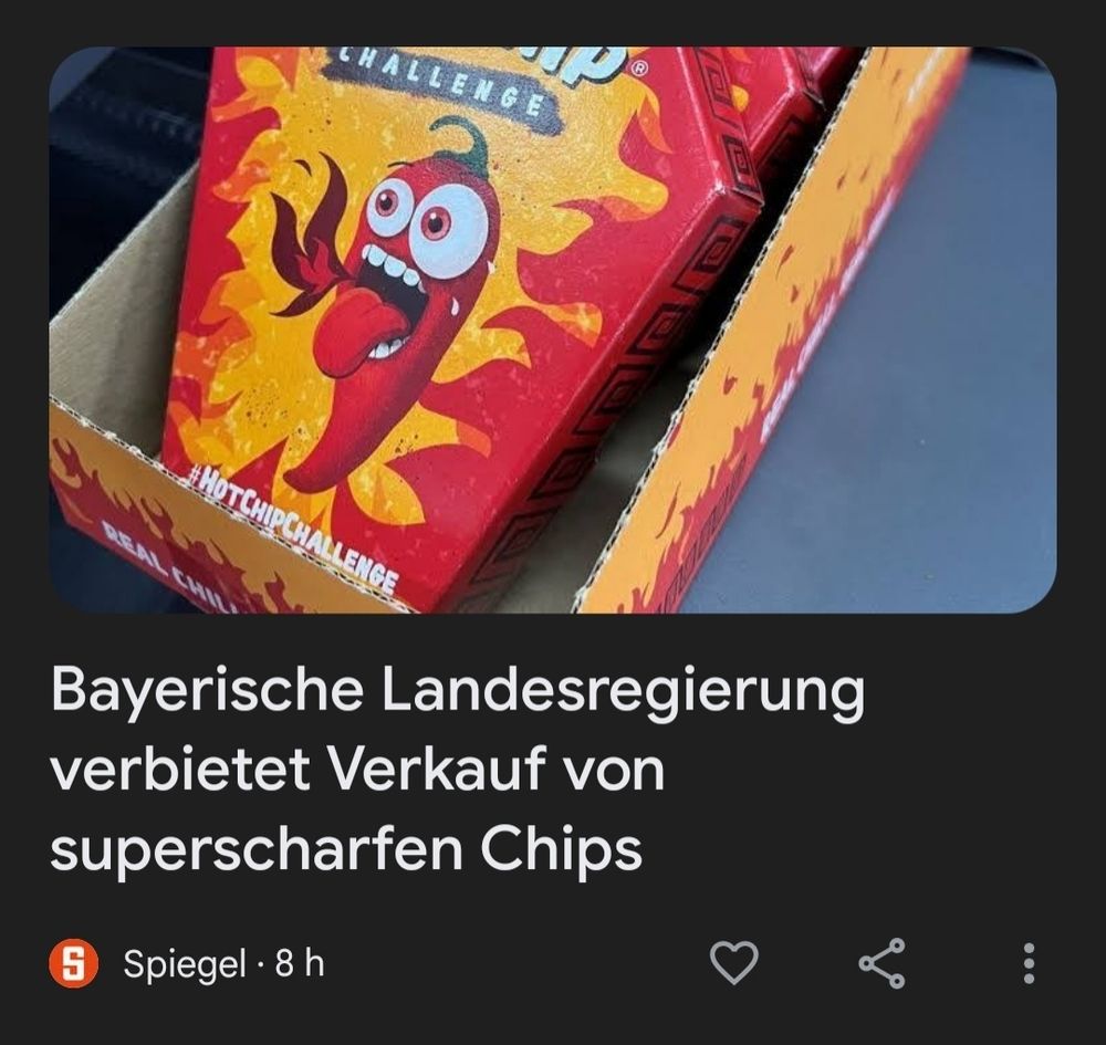 Der Screenshot zeigt einen Online Artikel von Spiegel der von Verkaufsverbot der "superscharfen Chips" durch die bayerische Landesregierung berichtet
