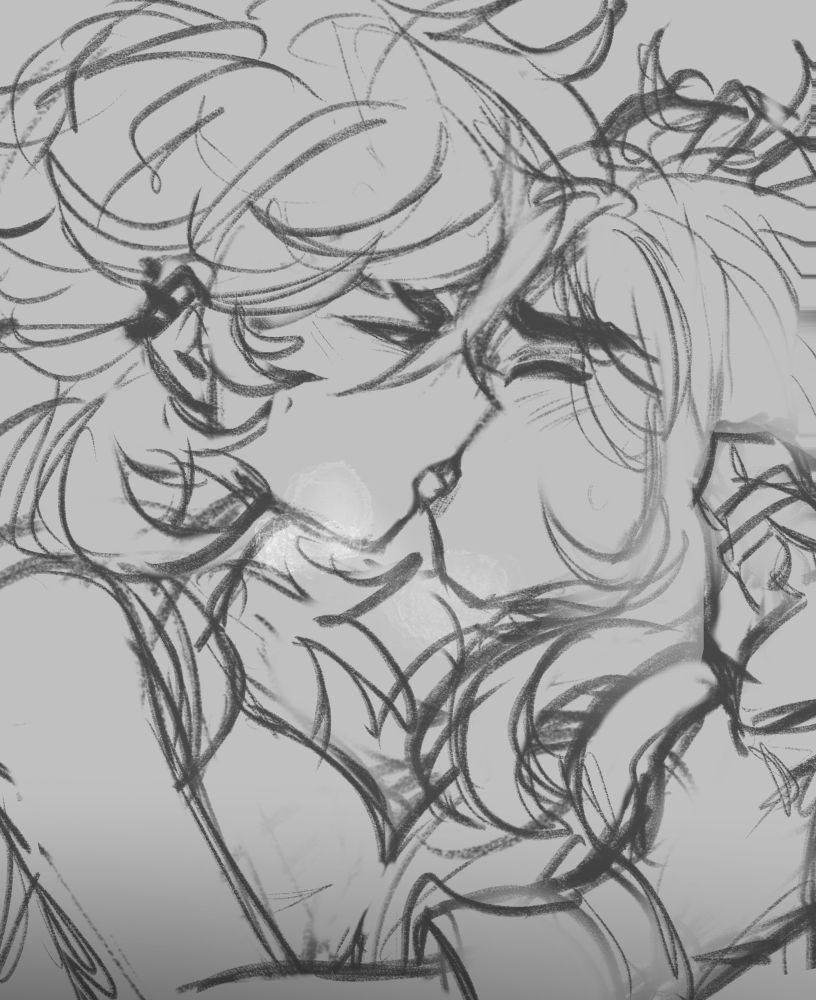 Illustration of my OCs Ichiko and Rollie having a steamy make-out session 