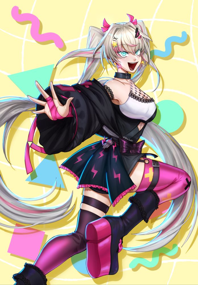 a portrait orientation illustration of the VTuber Ashelia Rinkou, from PhaseConnect. She is a tall, pale girl with ashy blonde hair, long pigtails, and blue eyes. shes wearing a black and white halter top, puffy black jacket accented in pink, and a navy skirt, also accented with pink lightning marks. the skirt is tied in the front with a velvety black bow. a metal jellyfish charm hangs at her hips. her pose is mid motion, as if she is running, and she is somewhat reaching out to the viewer. her raised right leg has a hot pink legging, while her left legging gradients from black to pink. on her feet are black boots with large pink platforms, the right boot of which is fully visible. the background is an abstract assortments of pastel shapes in front of a pale yellow background.