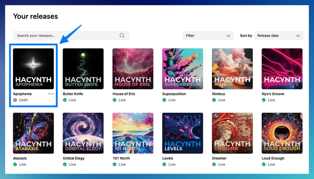 Soundcloud distribution interface showing a blue arrow pointing to an LP called Apophenia