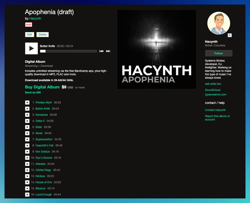 Bandcamp interface showing an album for sale called Apophenia. 16 tracks.