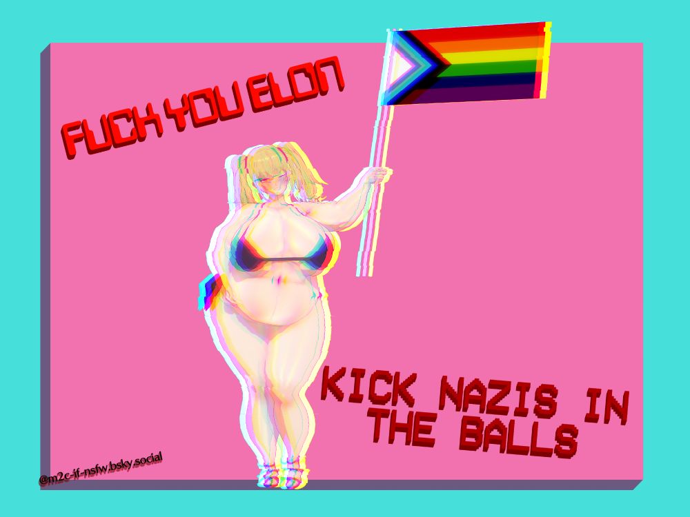 An nsfw Koikatsu piece of a fat version of Ani (the waifu'd version of Twitter's Grok AI companion) in a microbikini while holding an LGBTQIA+ pride flag. Ani herself has a glitchy chromatic aberration effect going on.
Even your AI child you can directly manipulate into doing and saying what you want recognizes that being a hateful shitstain is illogical. What a fucking loser you are.
