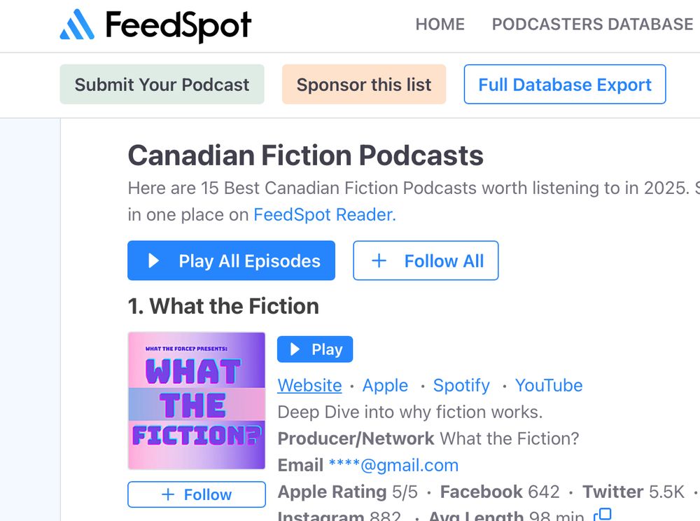 A screenshot of Feedspot’s list of top ten “Canadian Fiction Podcasts” showing a non-fiction podcast called “What The Fiction” as their number one pick. This show interviews fiction writers of all genres and mediums. 