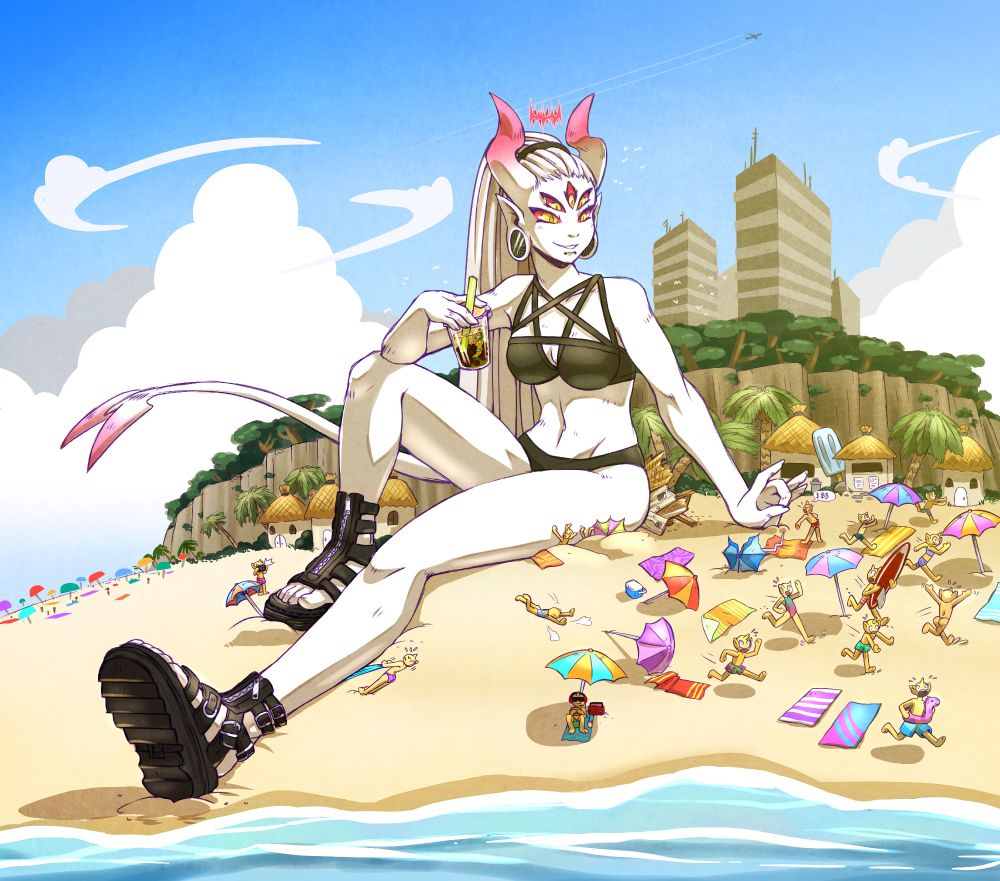 a picture of Toxy, a giant demon woman OC, sitting on a cityside beach in wearing a black bikini and sandals, holding a boba tea. she's smugly looking down at a group of fleeing alien people in swimwear. She's got one hand outstretched, ready to flick a person that's yelling at her.