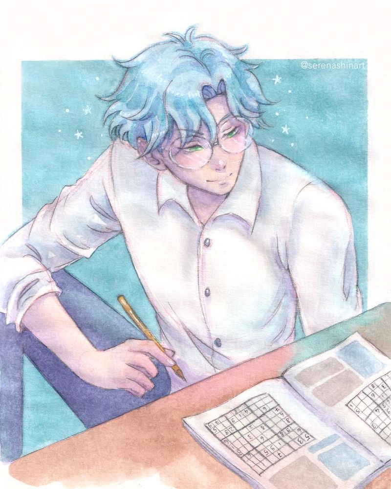 Watercolour painting of Yuheeho's character Elliot. He's relaxed while doing sudoku.