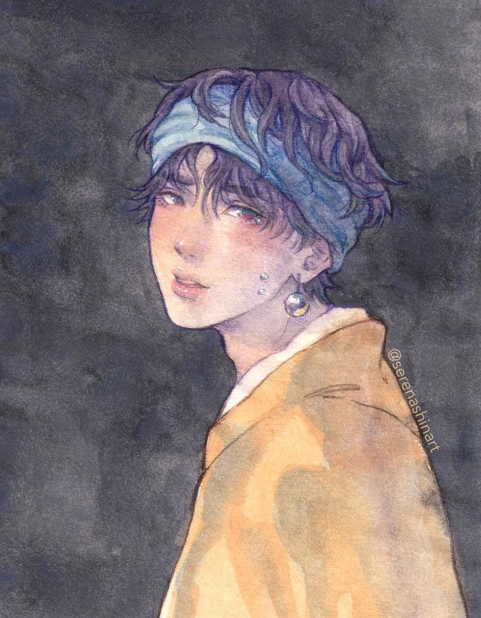 Watercolour painting by me recreating the famous painting "Girl with a Pearl Earring" but with Rafayel instead of the girl. He's crying pearl tears.