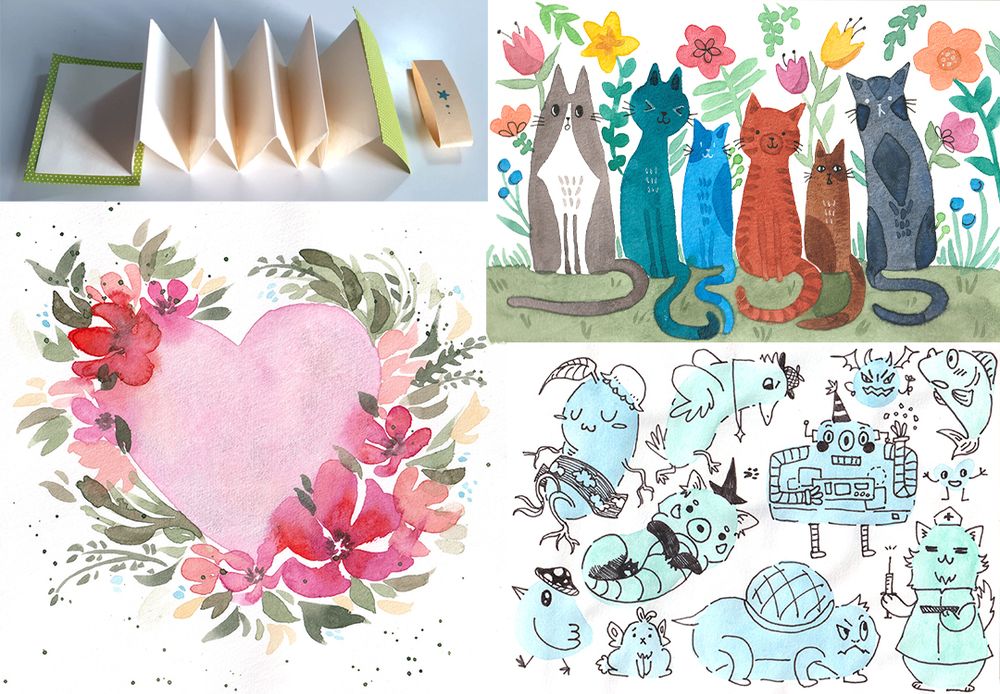 Four different creations: a mini sketchbook, watercolour cat garden, a heart surrounded by flowers and leaves, and random characters based on colourful blob shapes.