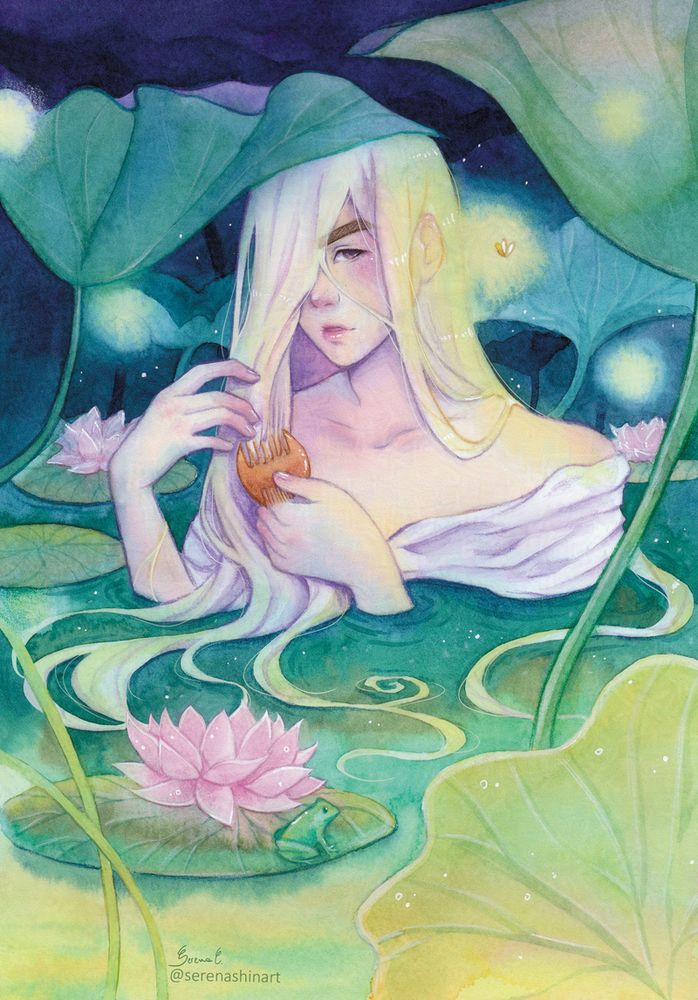 Watercolour painting of Yoongi as the blond long haired king from his "Daechwita" music video. He's taking a bath and combing his long hair with an ancient comb, in the middle of lotus and waterlily plants. Fireflies are flying around him.