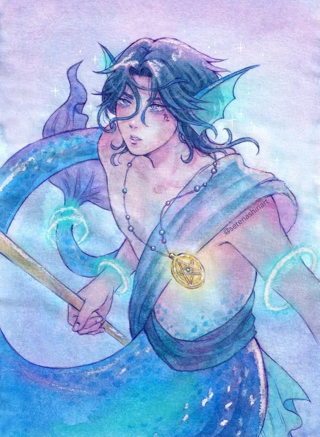 Watercolour paiting of a merman with dark blue hair, grey eyes, and a long blue fish tail. There are glowing rings around his arms and tail that remind us of Saturn's rings. He's wearing a sash around his torso and has a long necklace with a golden medallion.