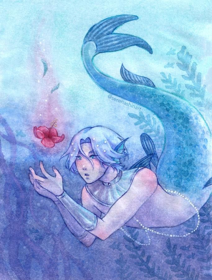 Watercolour painting depicting Langa from the anime SK8 The Infinity as a merman underwater. He's looking with surprise at an hibiscus flower that fell from above.