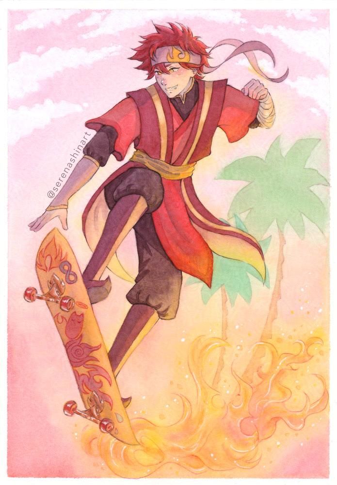 Watercolour illustration of Reki from SK8 The Infinity as a firebender from Avatar The Last Airbender world. He's doing a skateboard trick leaving a fire trail in the air. The background is a pink sky with palm trees.