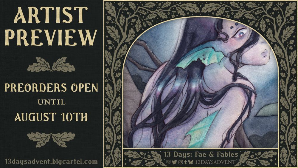 Preview graphics for my watercolor artwork I did for the Advent zine: Fae and Fables. You can see a sneak peek of a mermaid who's looking at something but you can only see half her face and her back covered with her wet dark hair.