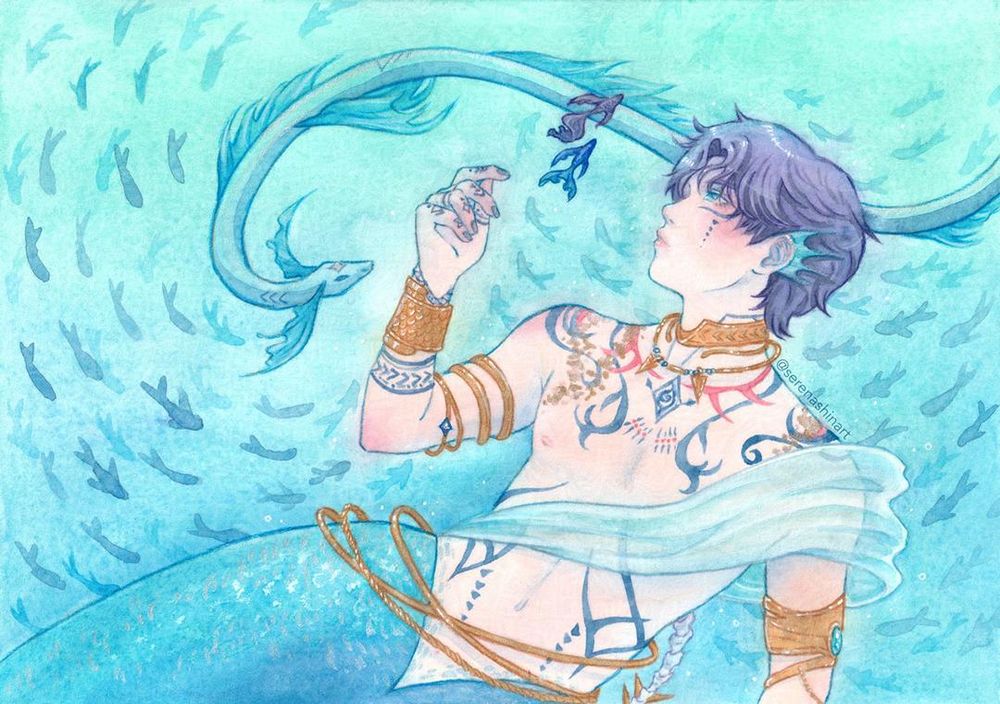 Watercolour painting of an underwater scene of Rafayel from the game Love and Deepspace, he's a merman and he's swimming and looking at the fish around him.