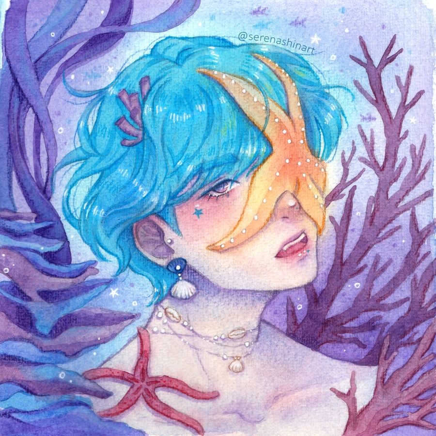 Watercolour portrait of V from Bts with turquoise hair. He's underwater with a big starfish on his face and pretty seashell jewelry.