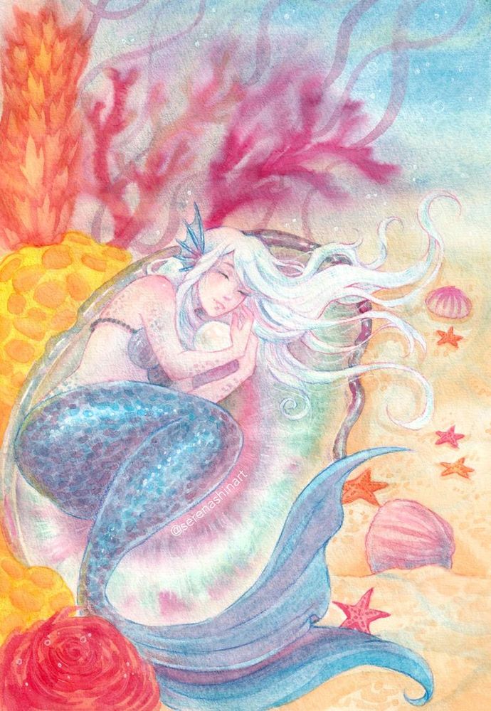 Watercolor painting of a mermaid with blue fish tail and white long hair while she sleeps in a seashell underwater, surrounded by colorful underwater plants, smaller shells and starfish.