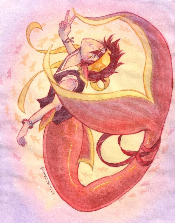 Watercolour painting of Reki from the anime SK8 The Infinity as a merman. His fish tail is red with a yellow stripe on the end of the fin. He wears a kimono-like top and a yellow band around his head. He's doing the V sign with his hand and there are a lot of little fishes on the background.