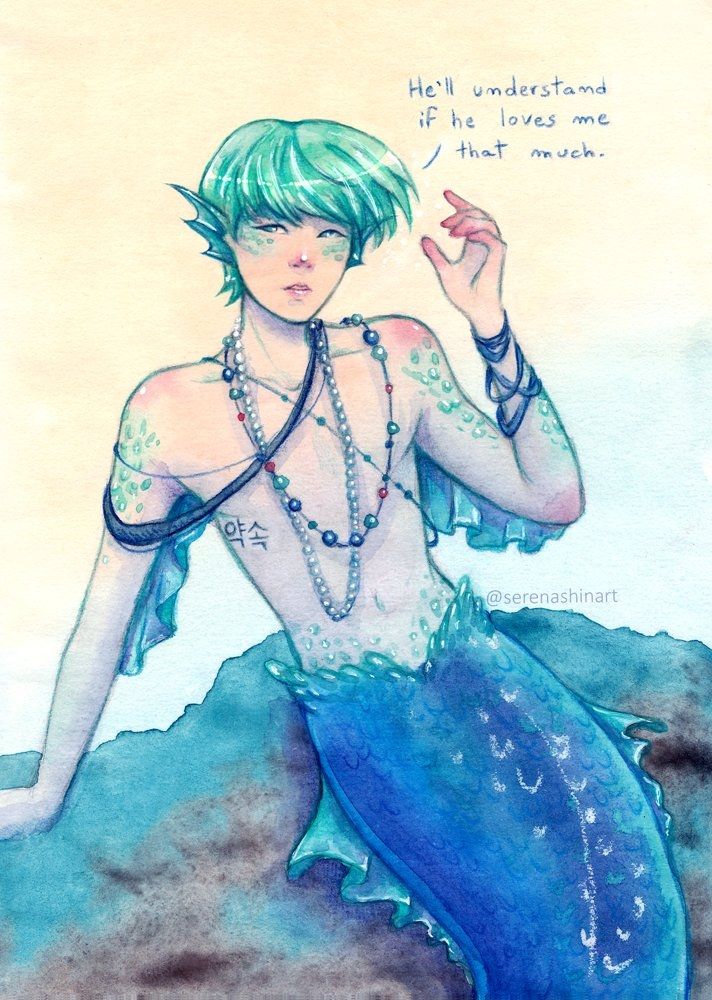 Watercolour painting of Suga from Bts, as a merman. Based on his quote "he'll understand if he loves me that much" when asked about the prince if he was the little mermaid. He has mint hair and a blue mermaid tail, a lot of long necklaces made of strings and pearls. There'a korean text tattoo on his ribs that means "promise".