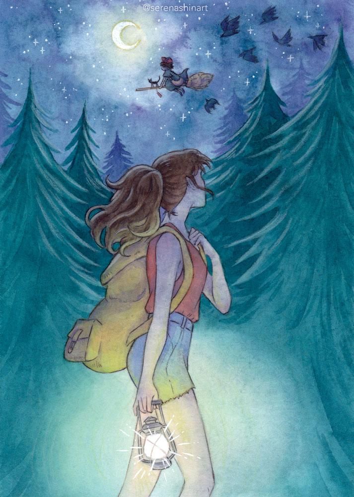 Watercolour painting that's a fanart of the Studio Ghibli movie Kiki's Delivery Service. It depicts Ursula, the painter who lives in the woods, walking with a lantern during the night as she watches Kiki and some crows fly in the sky.