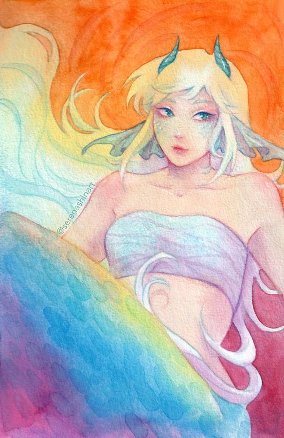 Watercolour painting of a mermaid. She has long white hair, fin-like ears, little horns and a colorful tail.