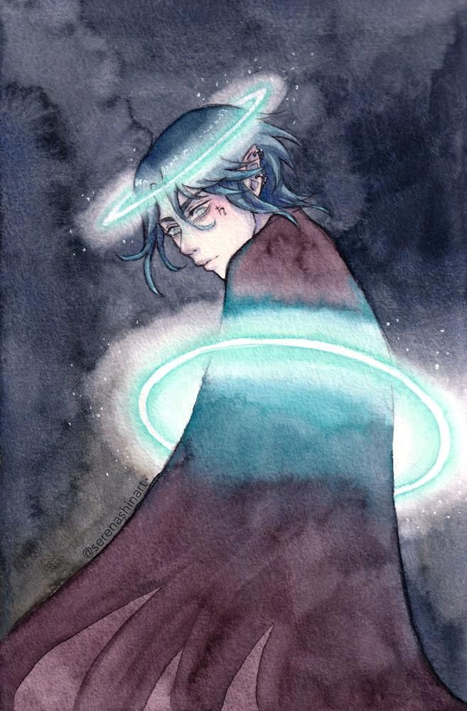 Watercolour painting of my original character based of the planet Saturn. Heis encircled by two glowing rings around his head and his body.