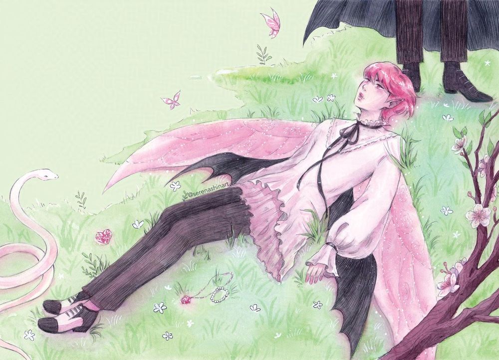 Watercolour painting depicting Jin from BTS as a fairy and vampire hybrid, he has pink hair and fairy wings and also another pair of black bat wings. He's laying on the grass and he's looking up to someone of whom we can only see his legs.