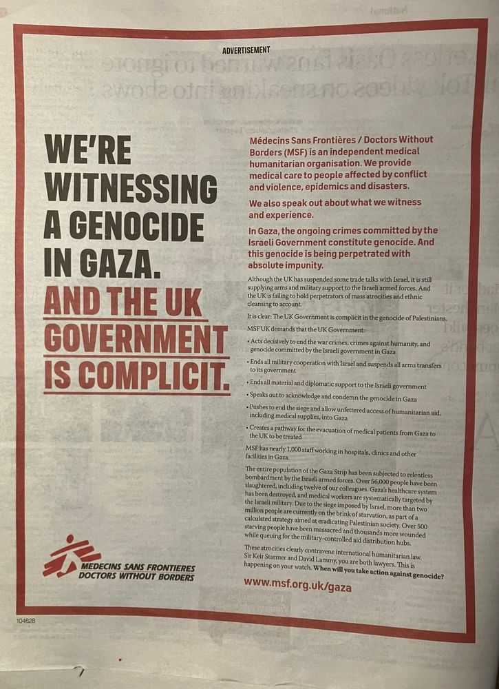 Statement on Gaza by Medecins Sans Frontiers in today’s Guardian newspaper 