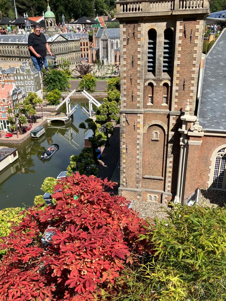 Plants in the foreground, then a canal scene, with a man in the background. Seen today in Madurodam, The Hague.