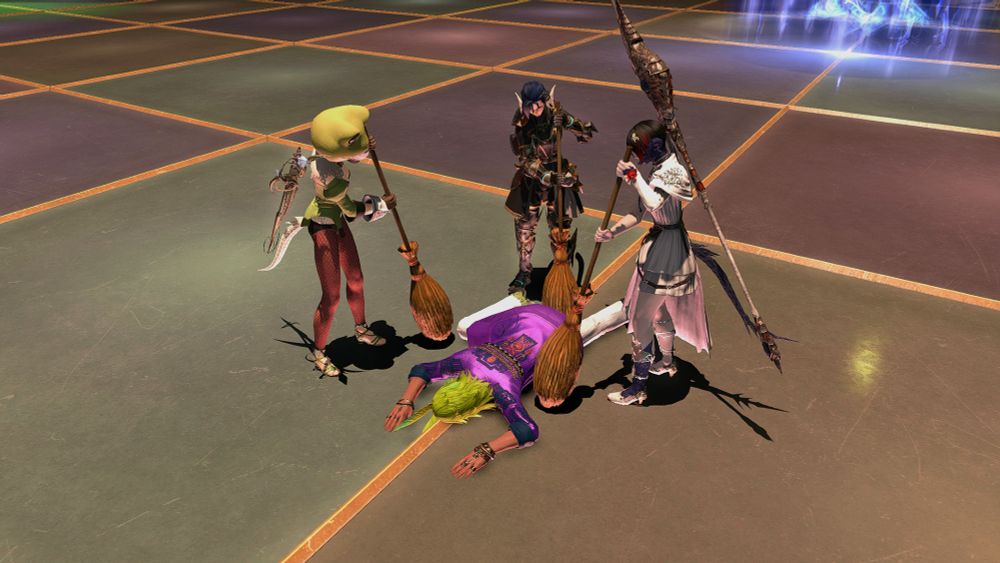 A screenshot from critically acclaimed MMORPG Final Fantasy XIV Online: Dawntrail wherein three players are using the /sweep emote on the raid boss Dancing Green from AAC Cruiserwight M1 (Savage) after defeating him.