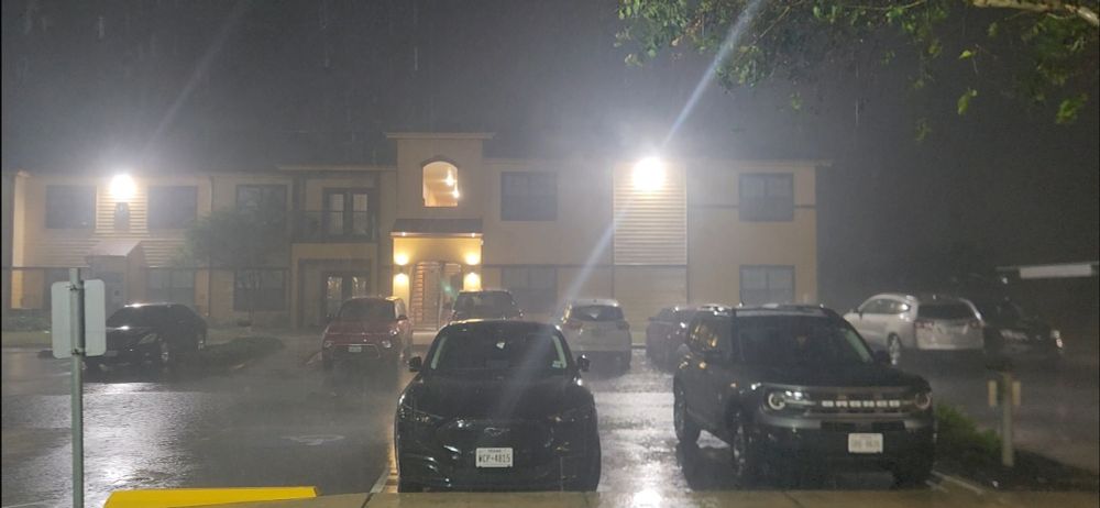 An apartment building is rained on 