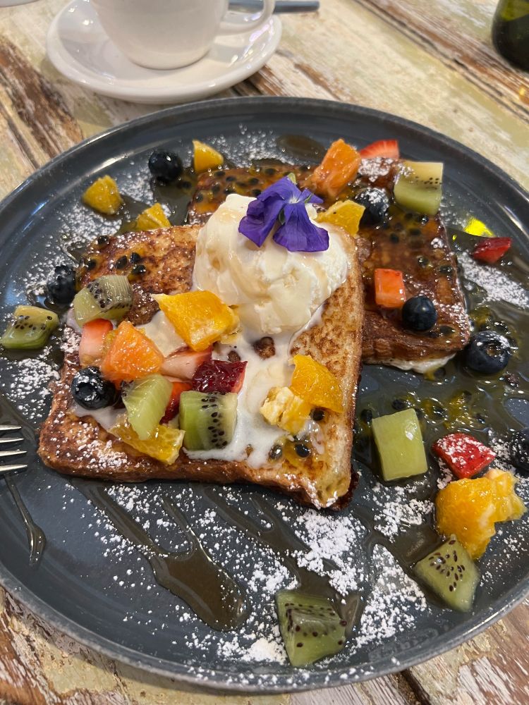 Manchester Press - French toast W / Brioche Loaf, Ice cream, Passionfruit Coulis, Seasonal Fruits, Maple Syrup