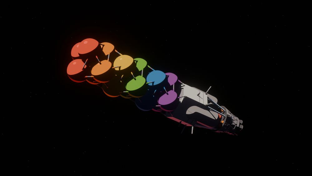 A 3D model of a spaceship. The front has a large number of spherical tanks in a rainbow colour scheme.