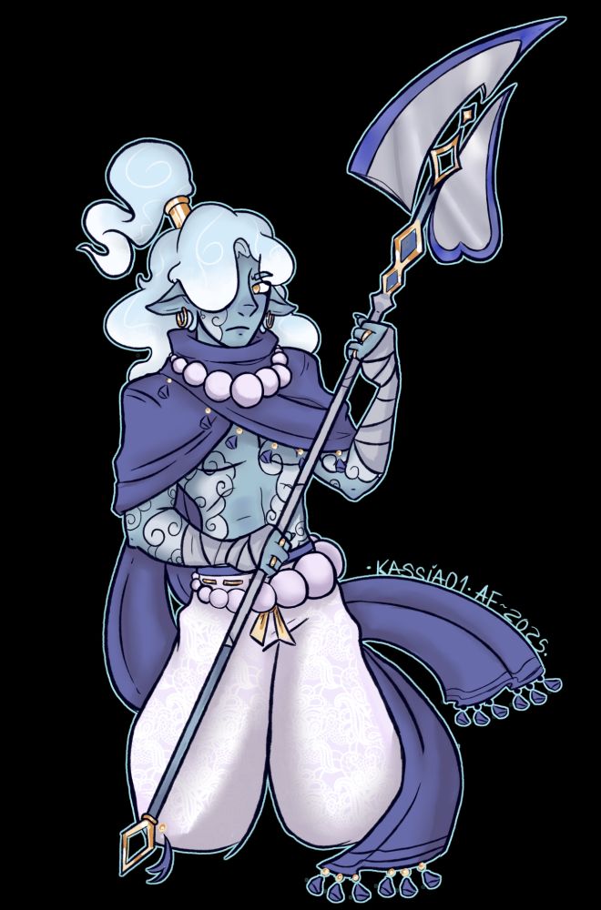 An air genasi holds his weapon with a serious expression.
His skin is light blue decorated with cloud tattoos, he wears a scarf that covers his neck and shoulders,wide pants and Big white pearls on his waist and neck.